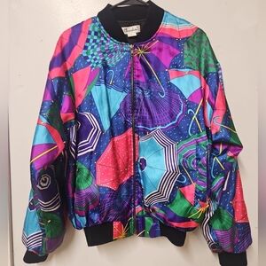Vintage Chardin Umbrella Theme Colorful Bomber Quilted Jacket 80's 90's